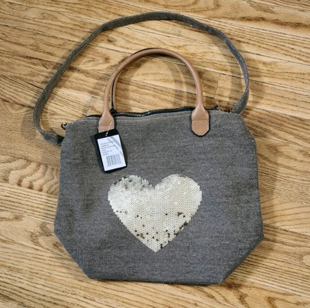 Lucky 7 Brown Canvas Bag - NWT - Shoulder strap - Gold Sequin Heart